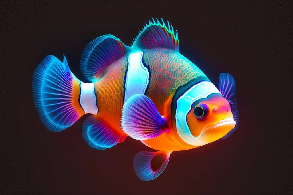 Portrait-clownfish-neon-colors-dark-background-generative-ai